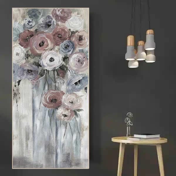 Impressa Vertical de Flores em Vaso Estilo Pintura Clássica Tons Pastel