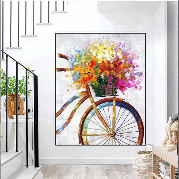 Pintura Impressionista de Bicicleta com Flores Coloridas