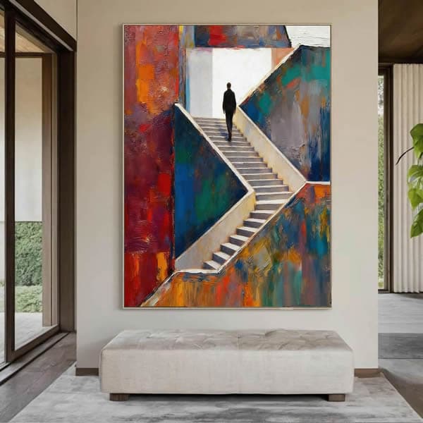 Abstrata O Homem na Escada Estilo Pintura Moderna Colorida Vertical
