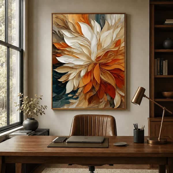 Abstrato Floral com Cores Terrosas e Laranja em Tecido de Algodão