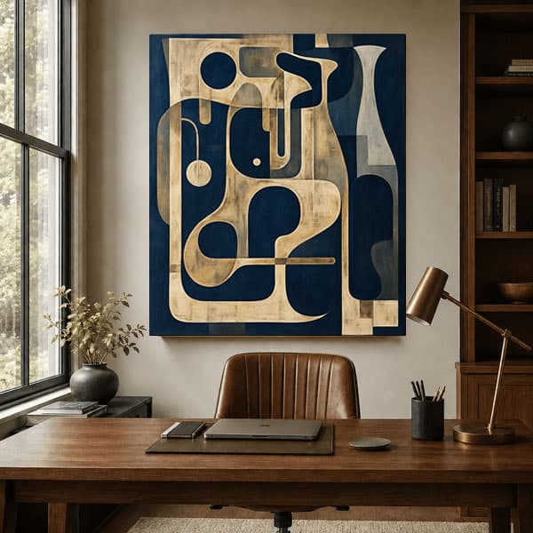 Abstrata Geométrica Azul Escuro e Bege Cubista
