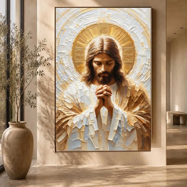Sacra Jesus Orando em Tons Terrosos e Dourado