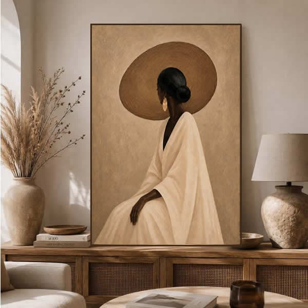 Mulher Negra de Chapéu Minimalista Tons Terrosos Vertical
